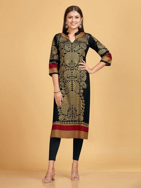 shanvika black printed cotton straight kurta