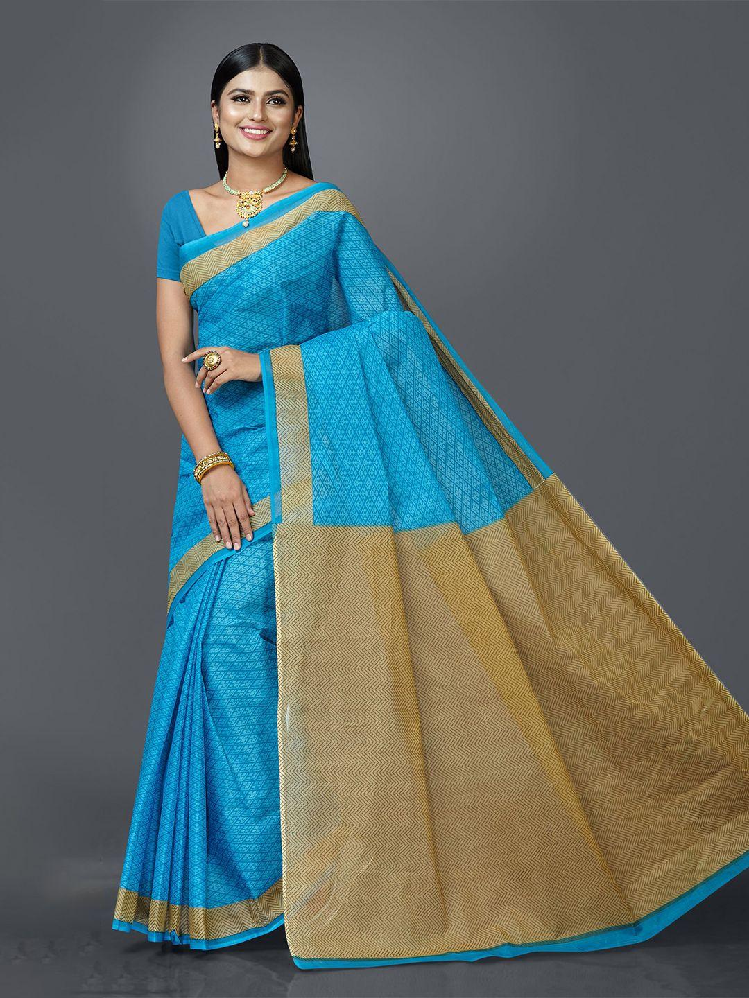 shanvika blue & brown pure cotton block print saree