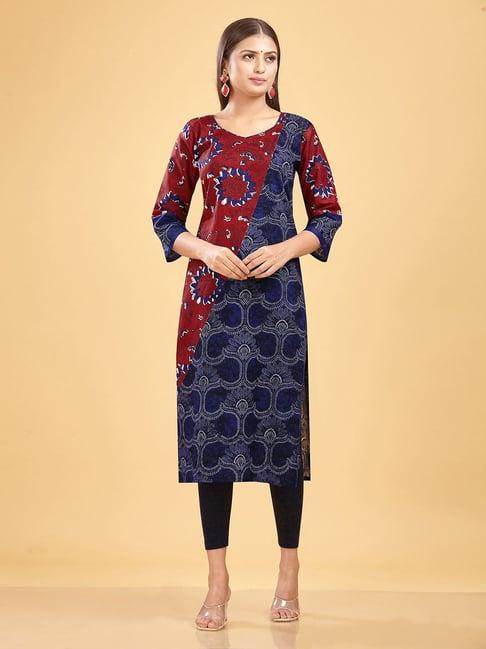 shanvika blue & red printed cotton straight kurta