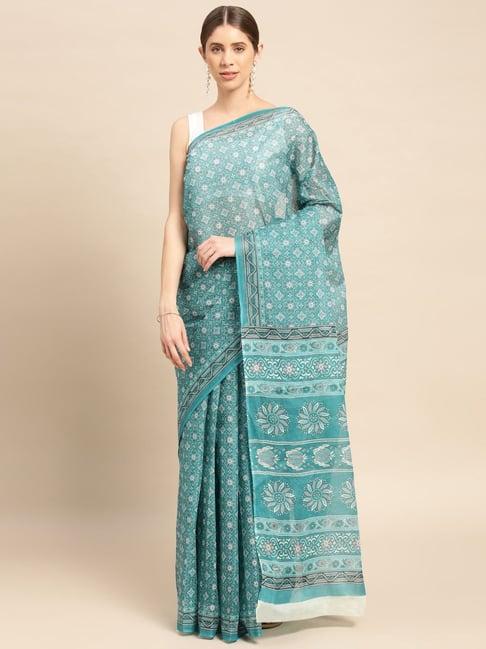 shanvika blue cotton printed saree without blouse