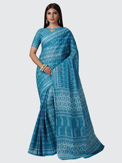 shanvika blue pure cotton dusty patola print saree with unstitched blouse