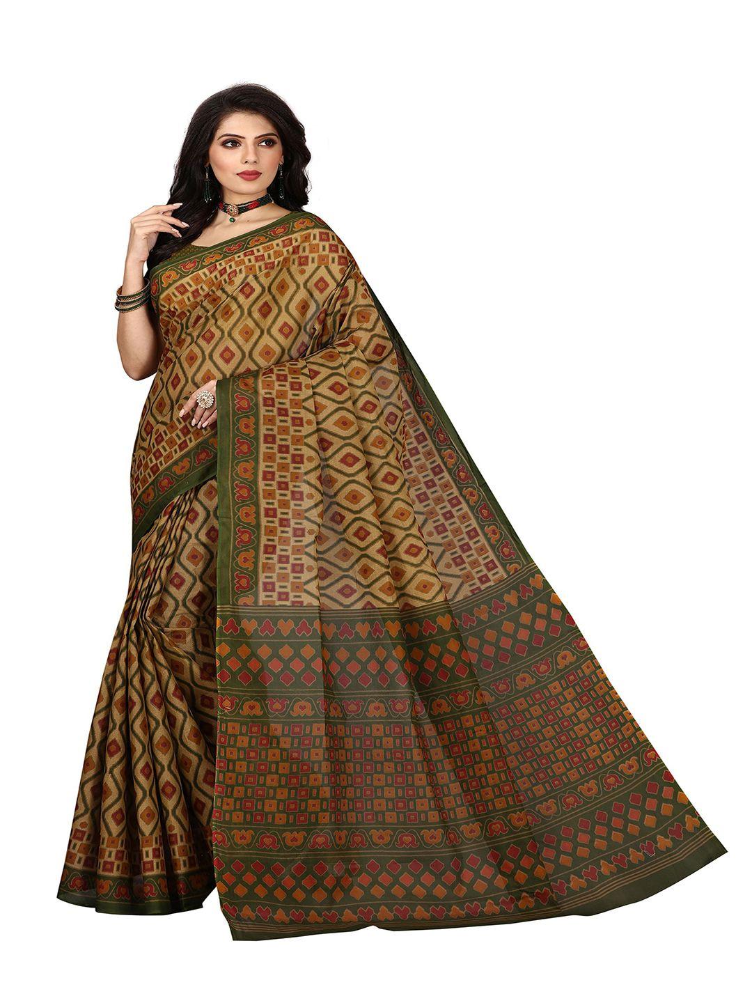 shanvika brown & green pure cotton  block print saree