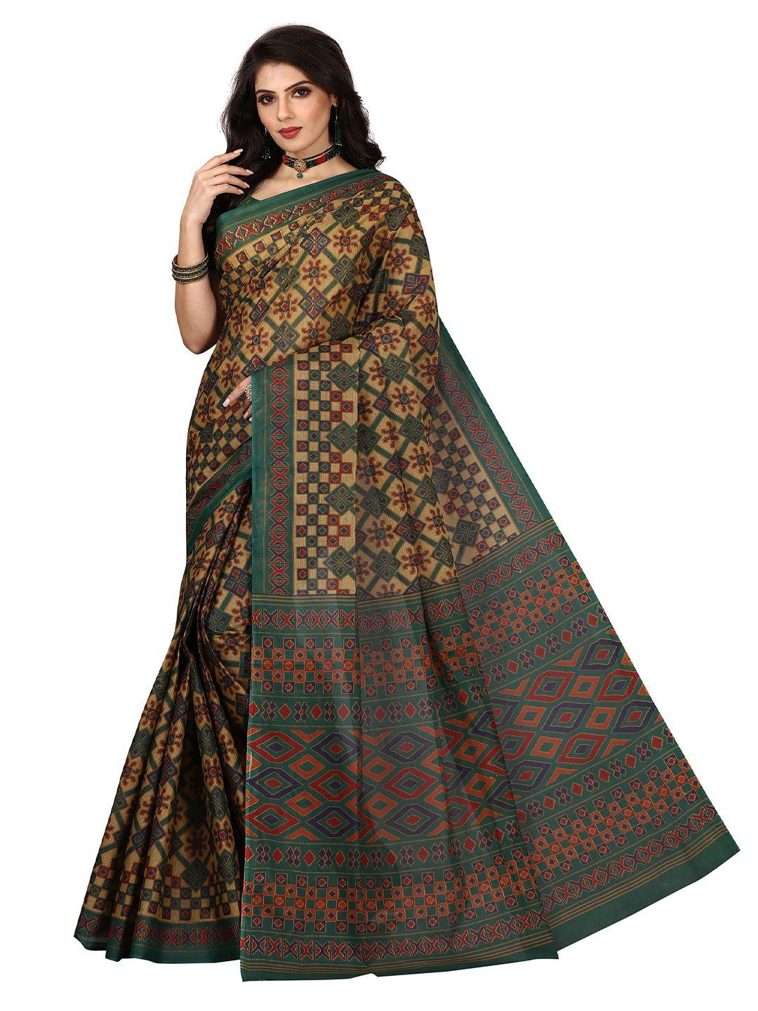 shanvika brown & green pure cotton  block print saree