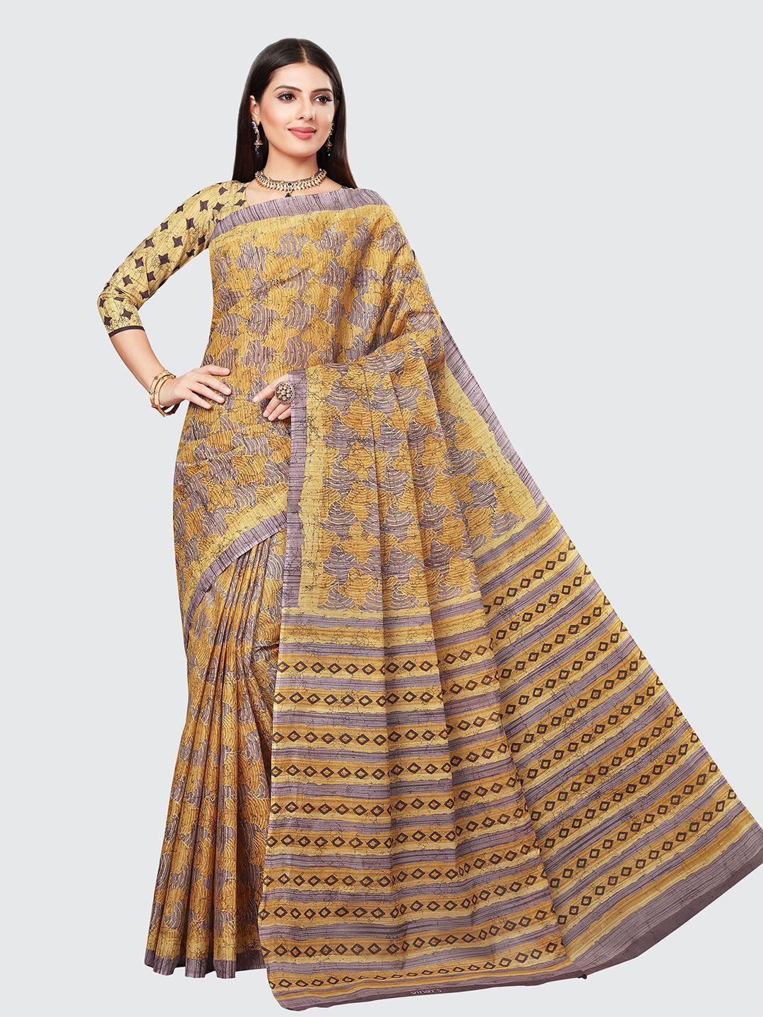 shanvika brown & purple pure cotton ready to wear block print saree