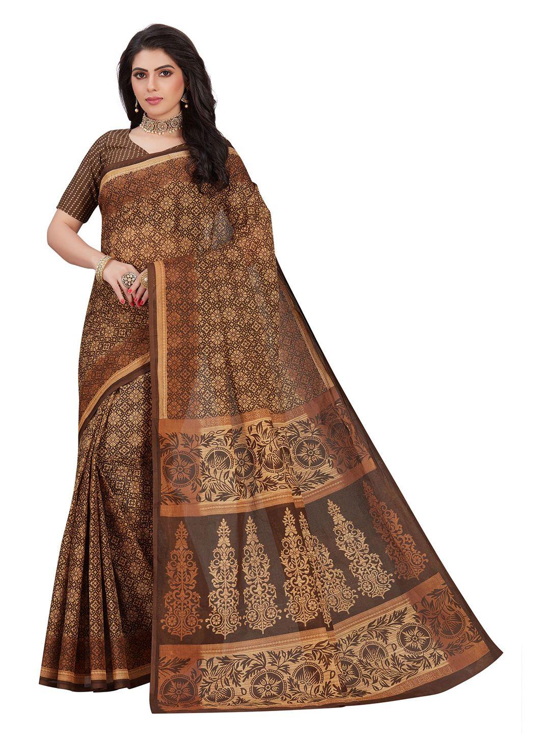 shanvika brown & tan floral pure cotton  block print saree