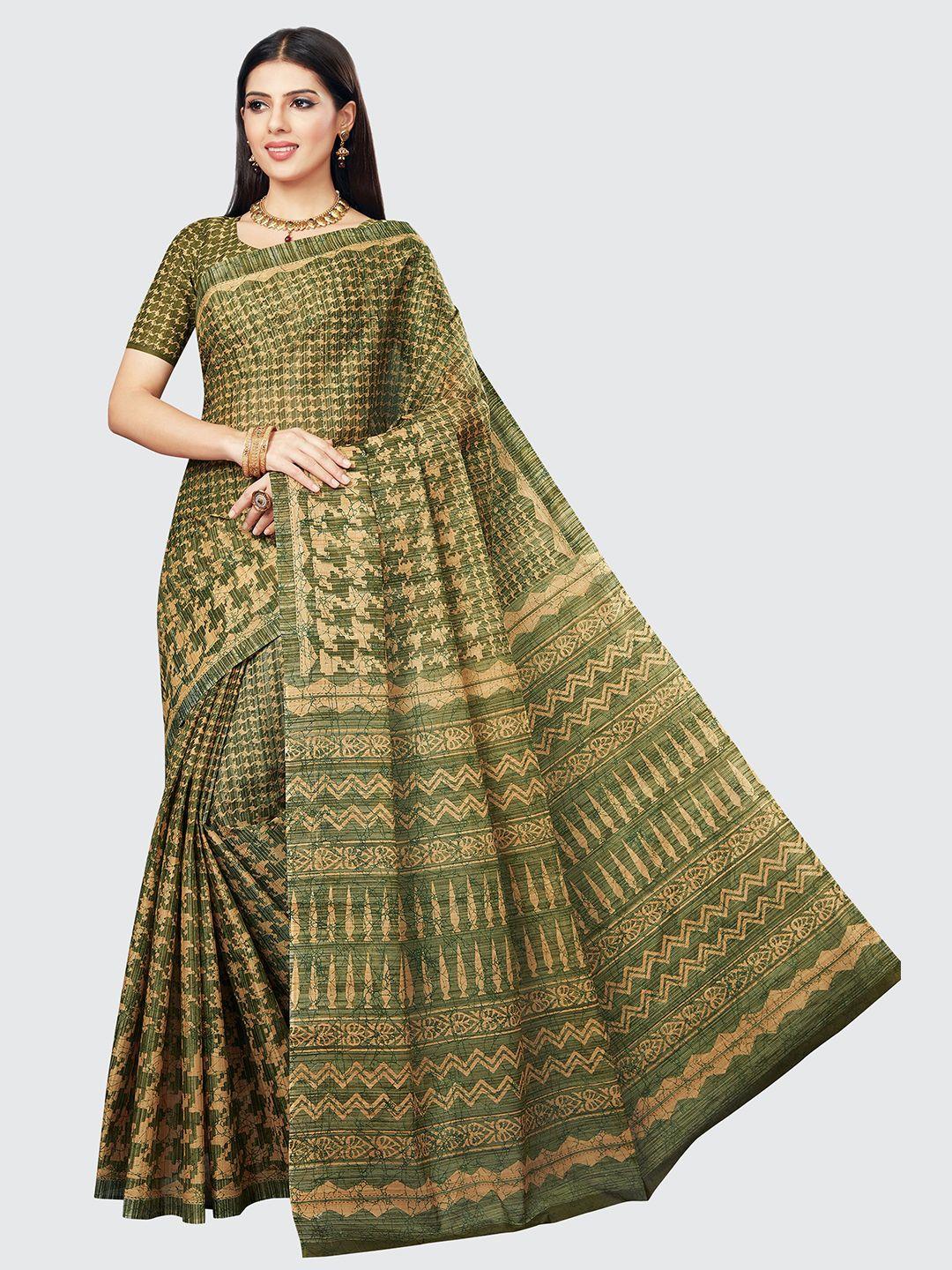 shanvika green & beige pure cotton ready to wear block print saree