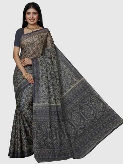 shanvika grey pure cotton floral print saree without blouse