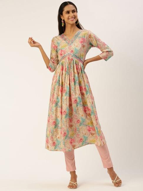 shanvika multicolor floral cotton silk fit and flare kurta