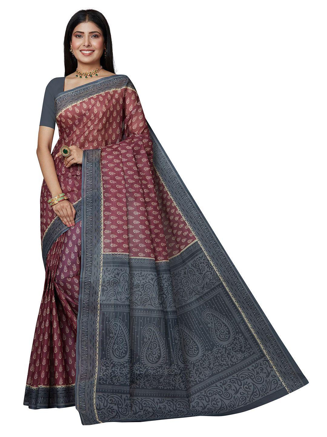 shanvika pink & grey ethnic motifs pure cotton  block print saree