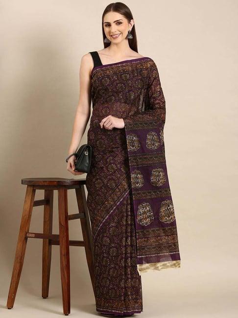 shanvika purple cotton floral print saree with unstitched blouse