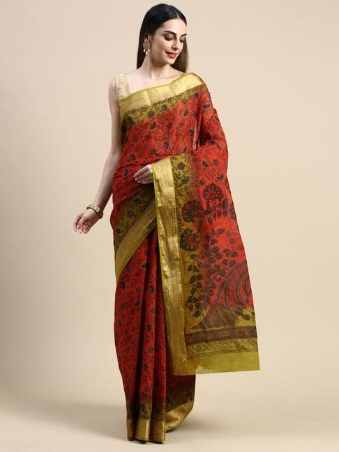 shanvika red floral print cotton saree with blouse