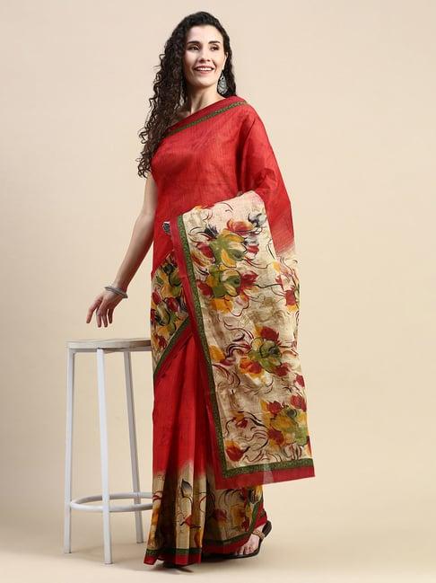 shanvika red floral print cotton saree without blouse