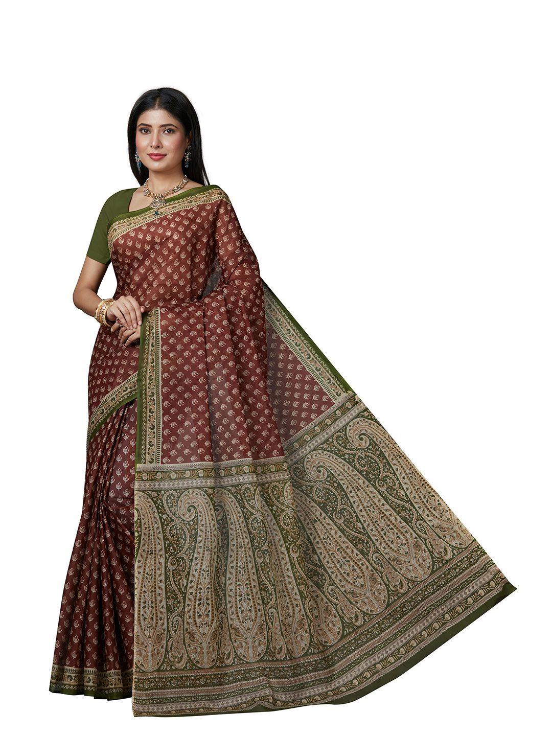 shanvika rust & green ethnic motifs pure cotton  block print saree