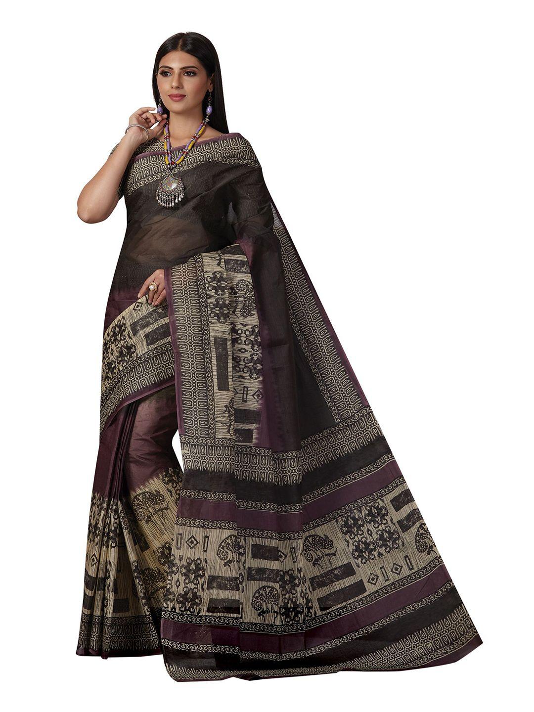 shanvika violet & grey pure cotton ready to wear block print saree