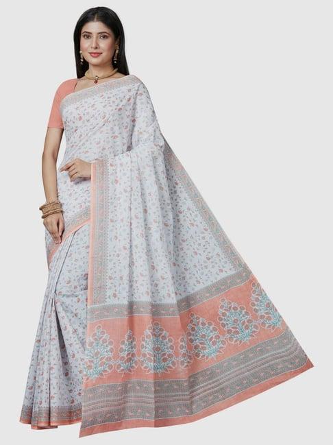 shanvika white pure cotton floral print saree without blouse