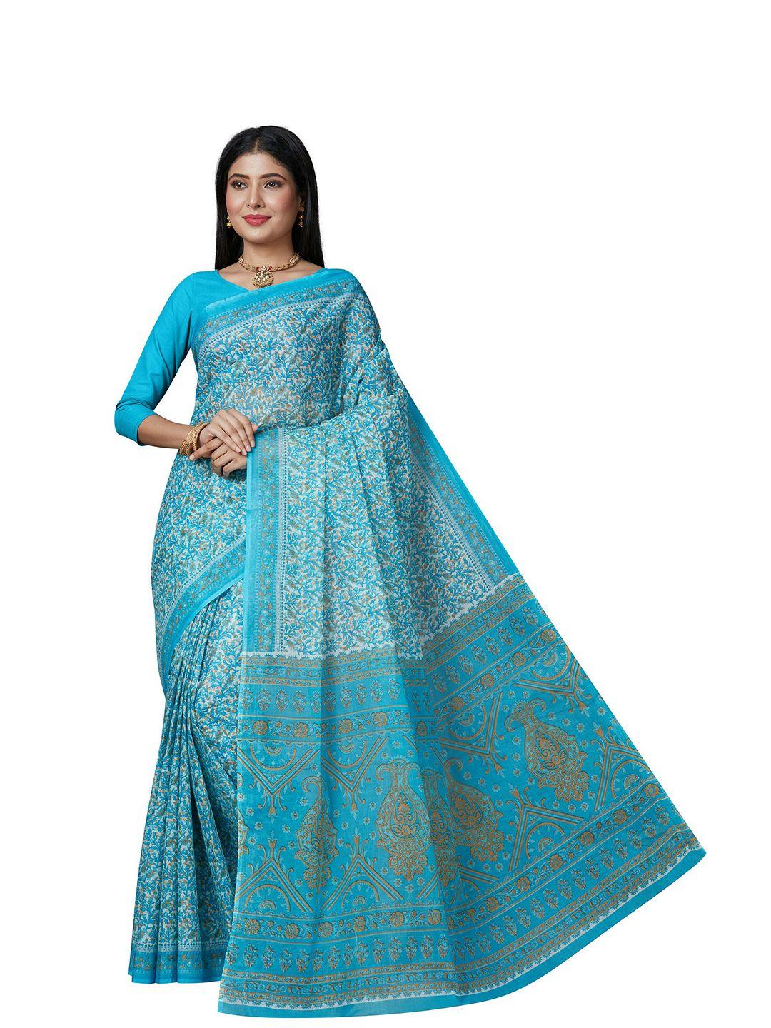 shanvika women blue & white floral pure cotton  block print saree