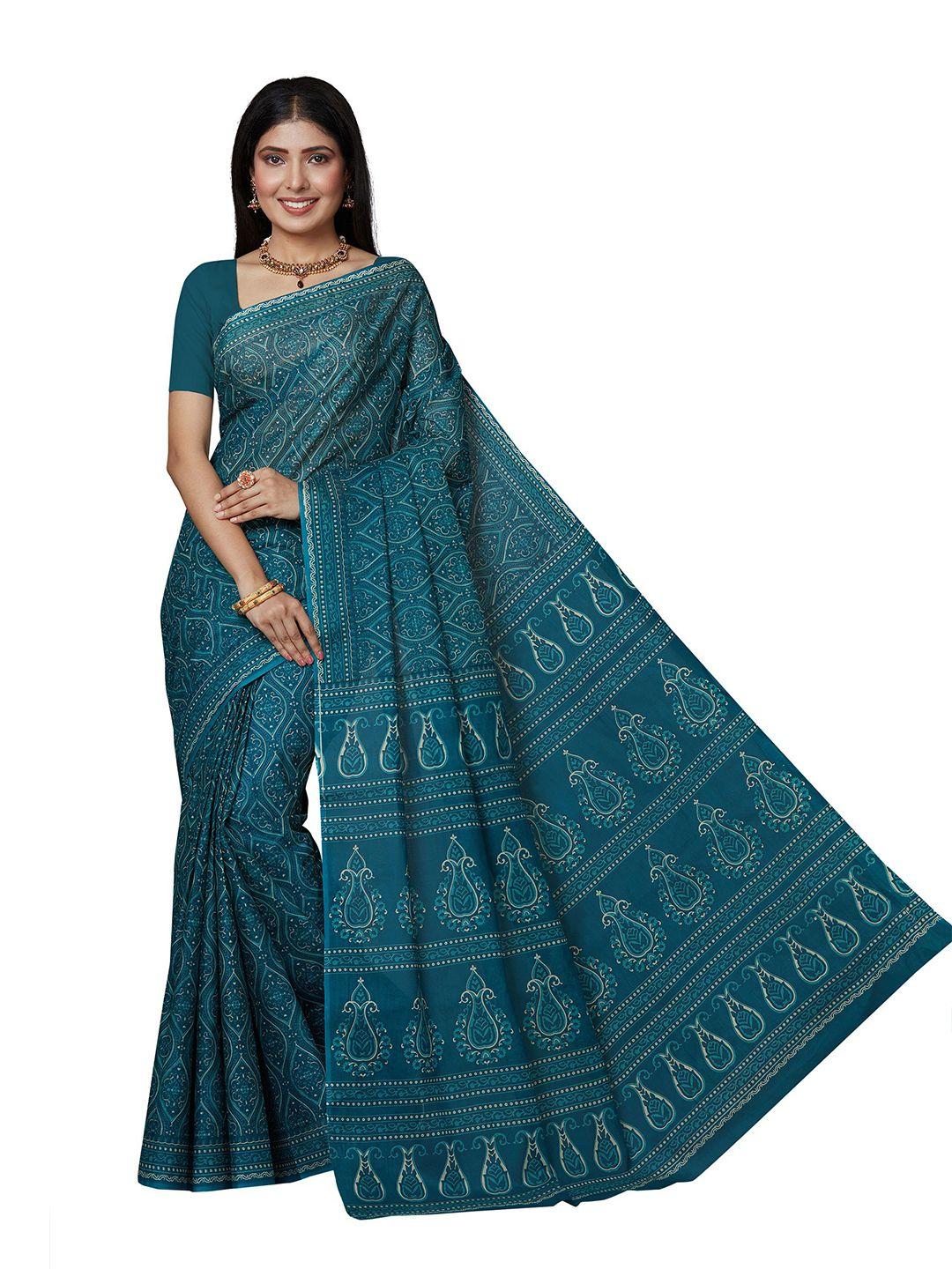 shanvika women blue ethnic motifs pure cotton  block print saree