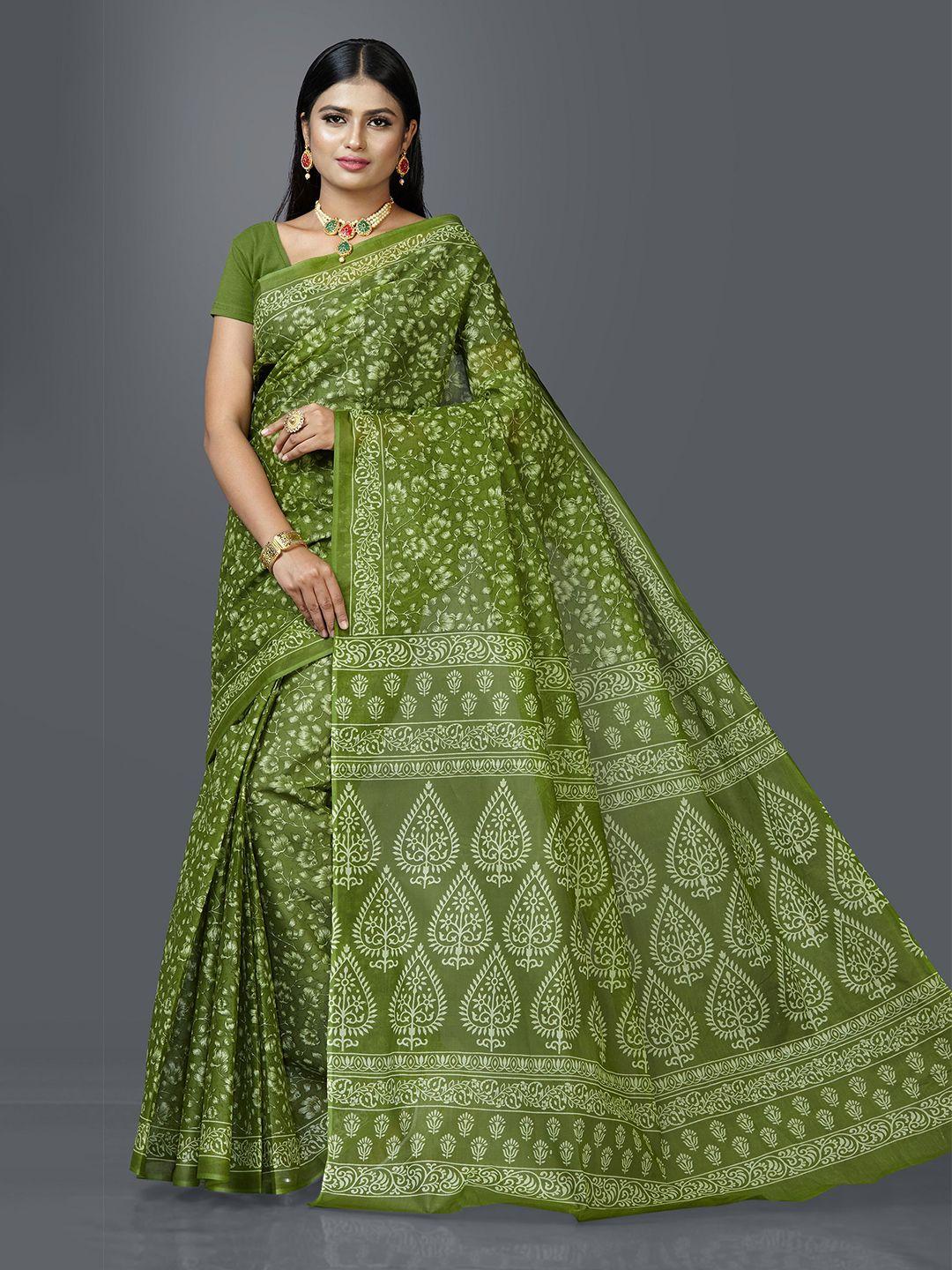 shanvika women green & white floral pure cotton block print saree