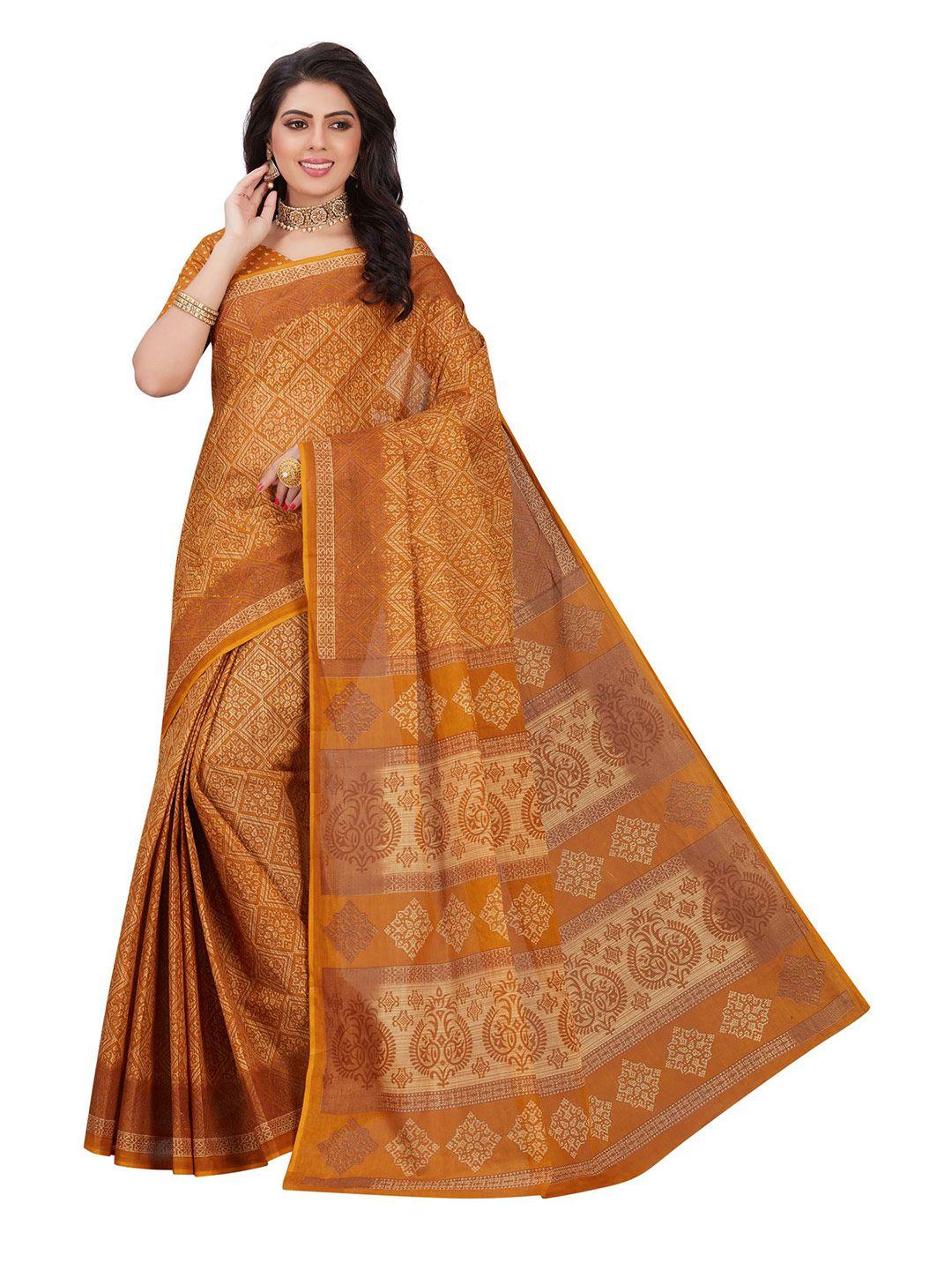 shanvika yellow & brown checked pure cotton  block print saree