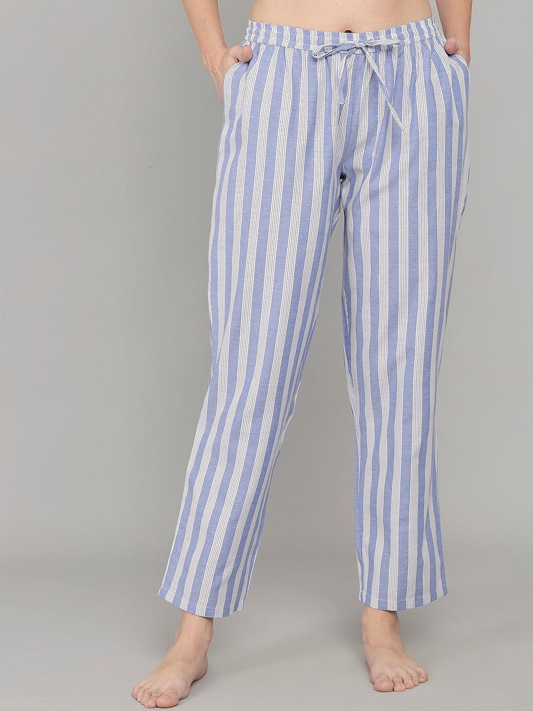 shararat women blue & white striped cotton lounge pants