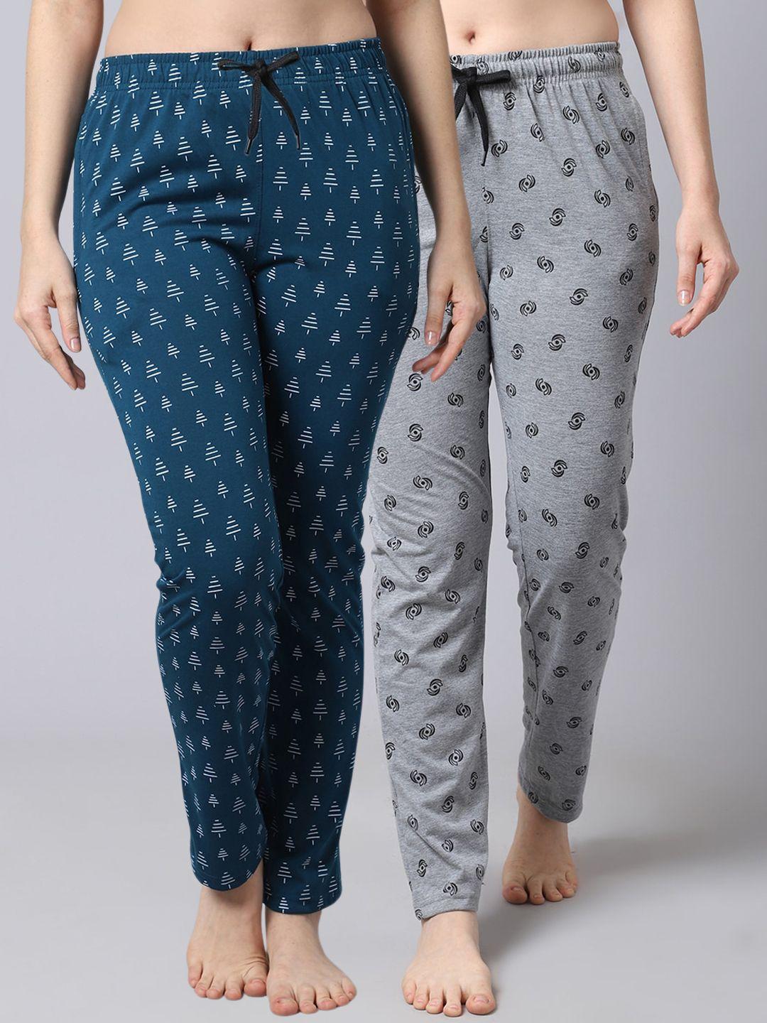 shararat women pack of 2 grey & blue printed knitted lounge pants