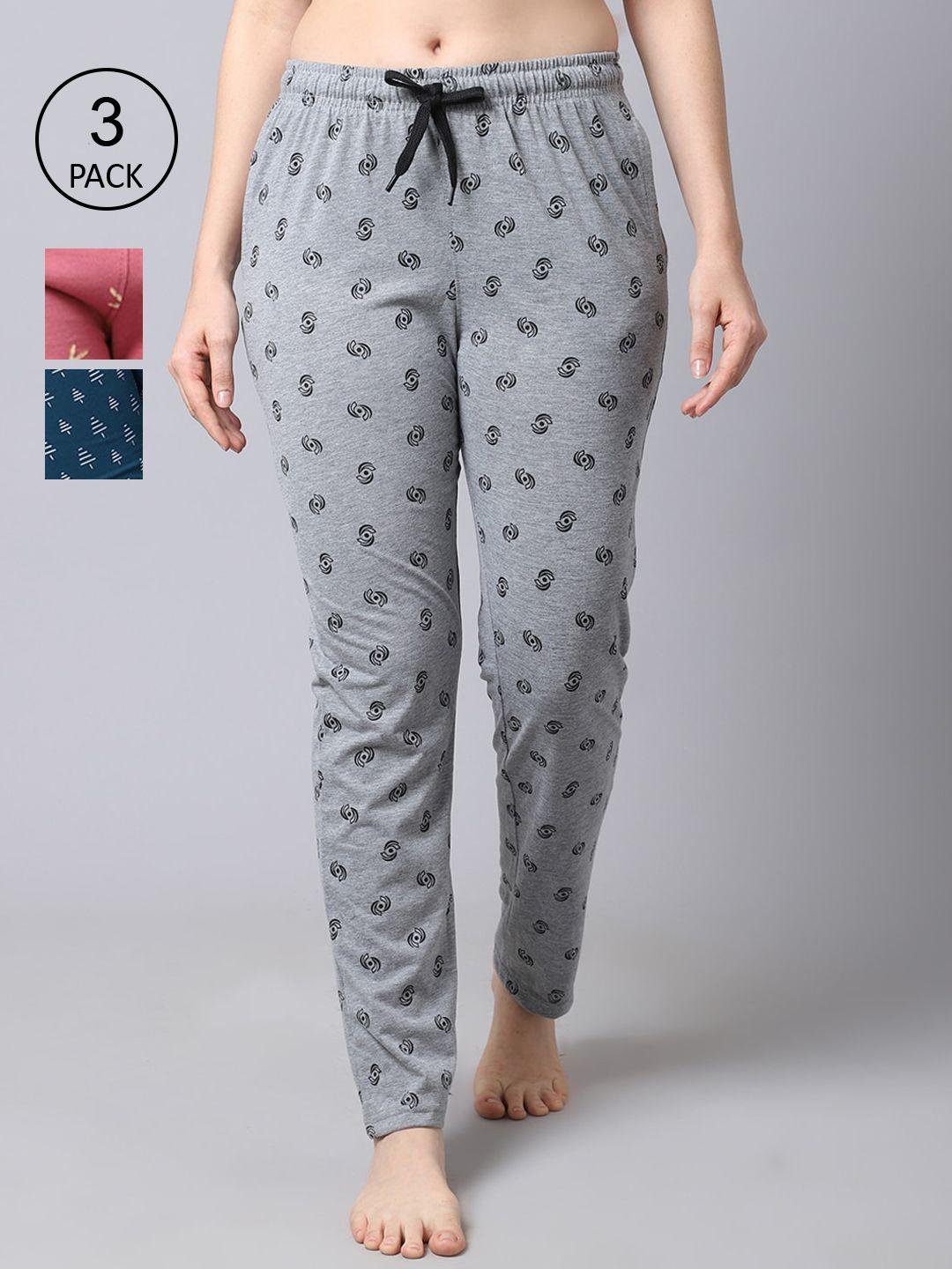 shararat women pack of 3 grey & pink printed lounge pants