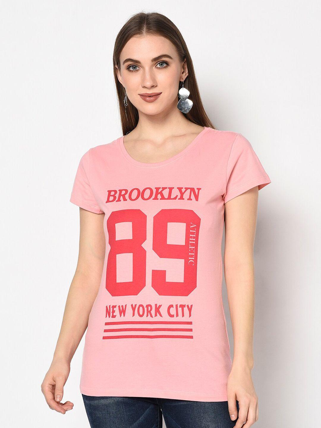 sharktribe women pink typography printed slim fit t-shirt