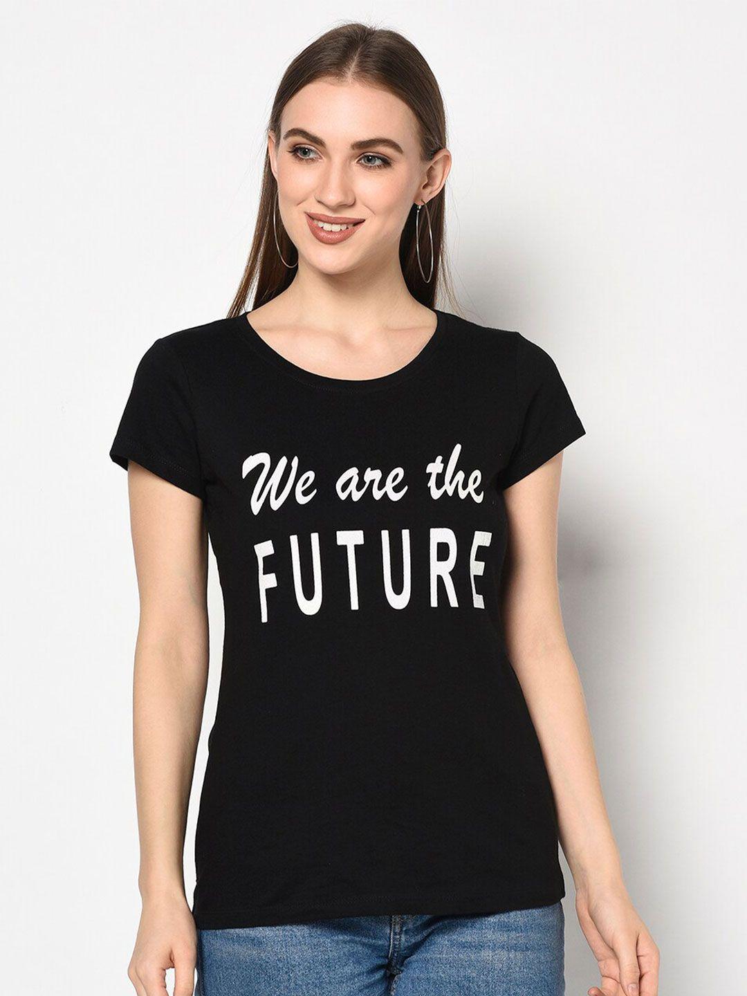 sharktribe women black typography printed slim fit t-shirt