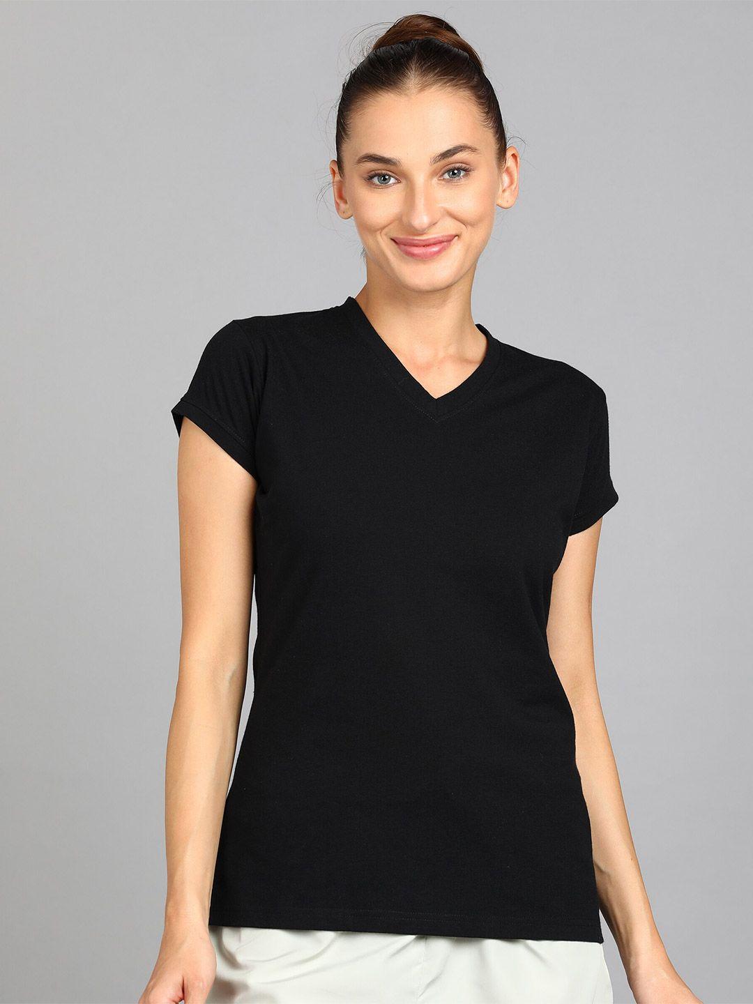 sharktribe women black v-neck extended sleeves pockets slim fit t-shirt