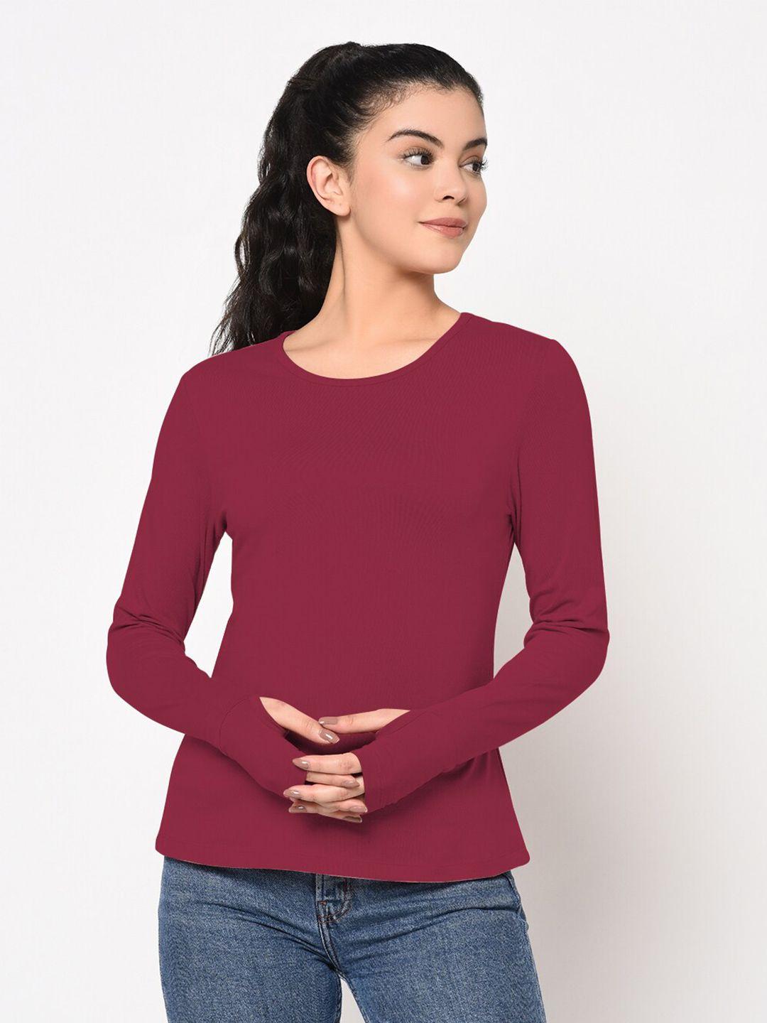 sharktribe women maroon slim fit round neck t-shirt