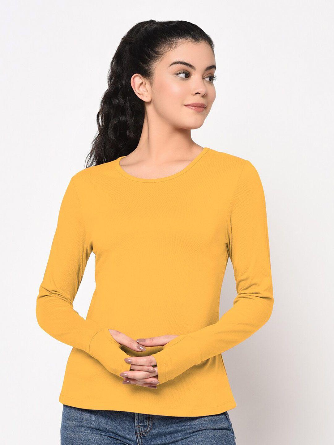 sharktribe women mustard yellow applique slim fit t-shirt