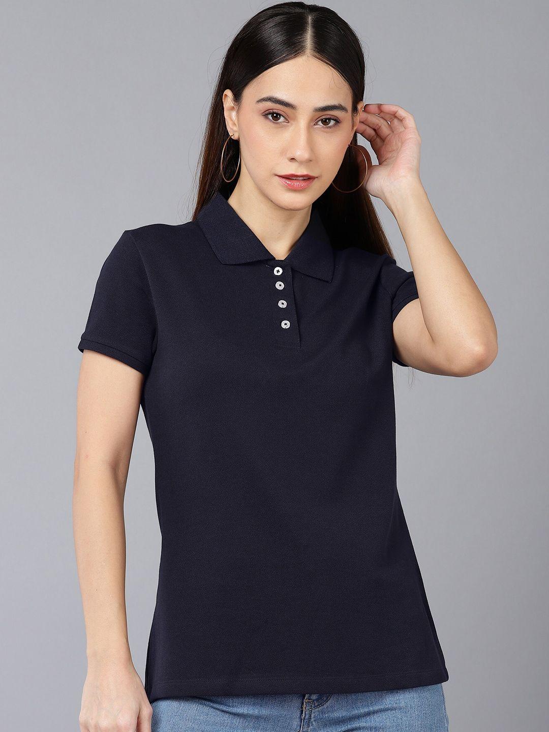 sharktribe women navy blue polo collar slim fit cotton t-shirt