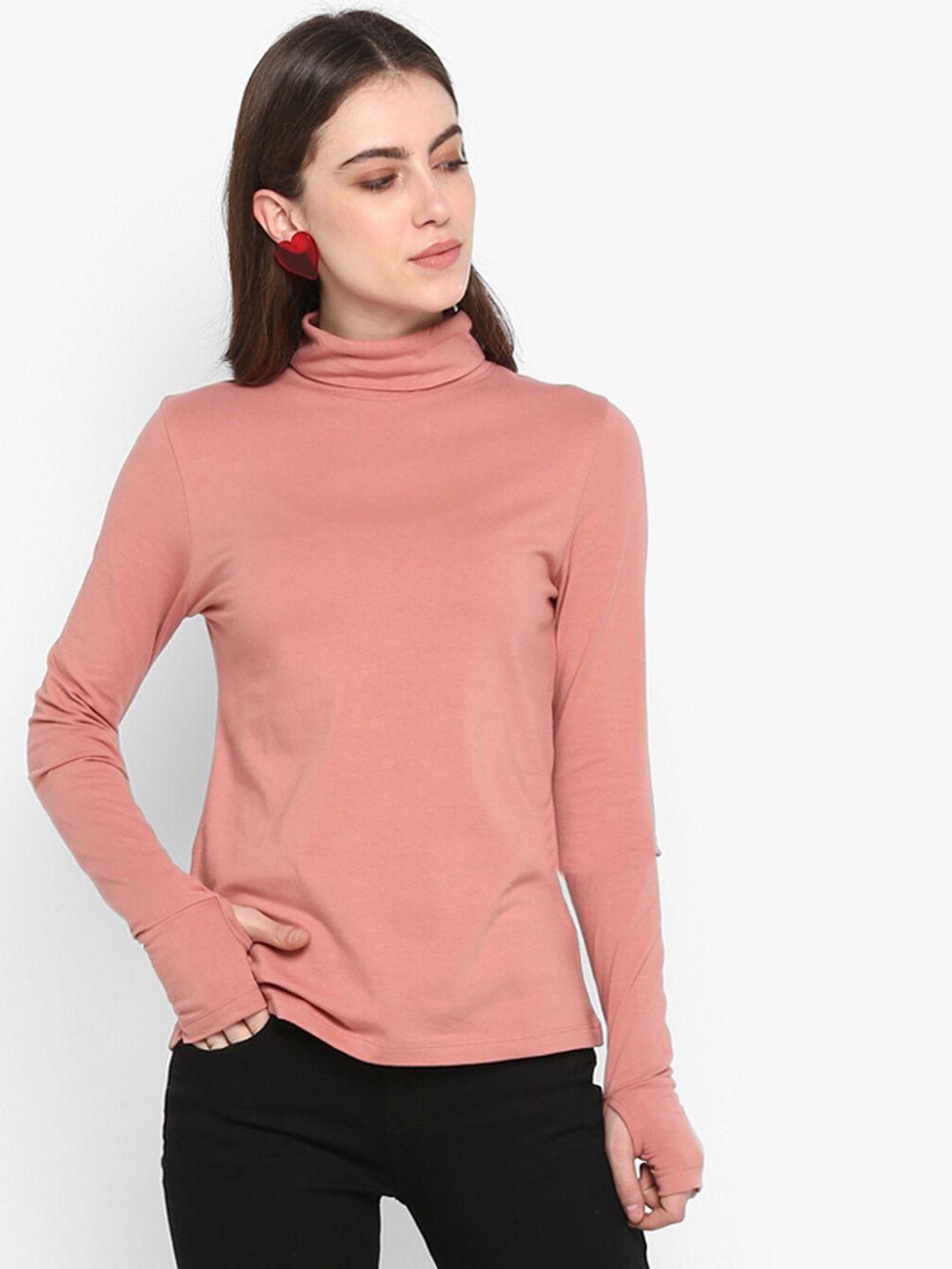 sharktribe women pink high neck slim fit t-shirt
