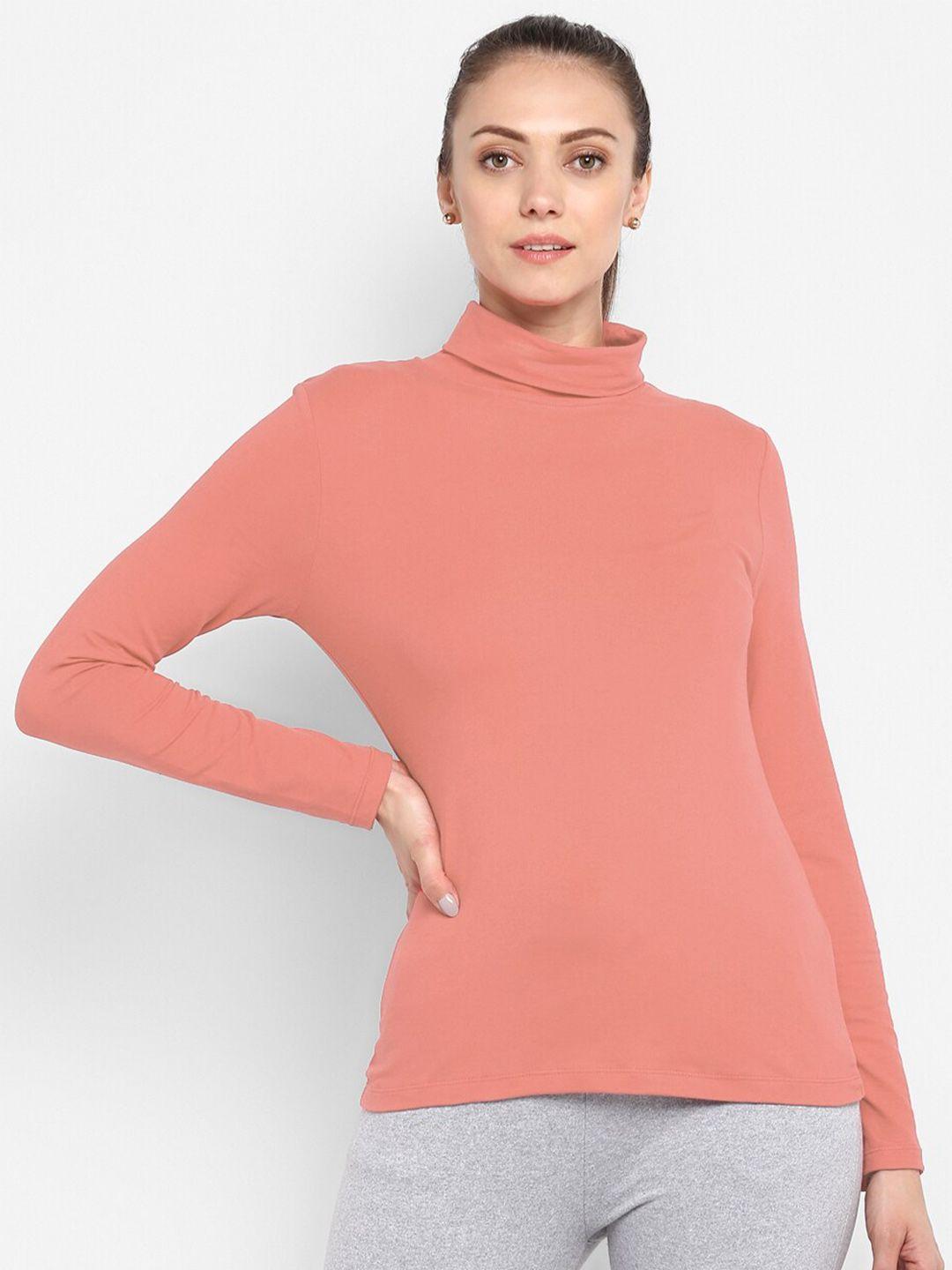 sharktribe women solid pink high neck slim fit t-shirt
