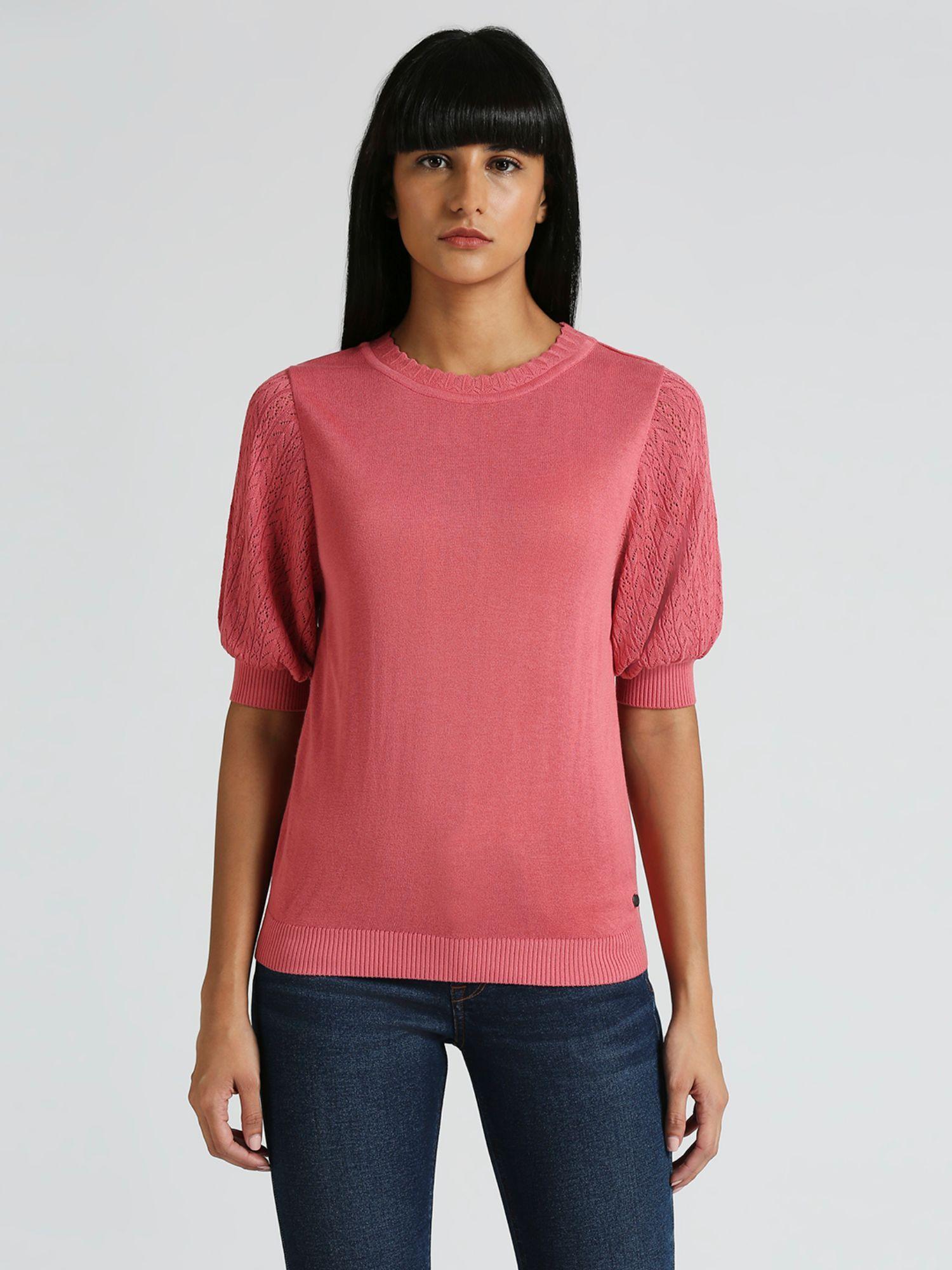 sharlie half sleeve flat knit top with scalloped rib