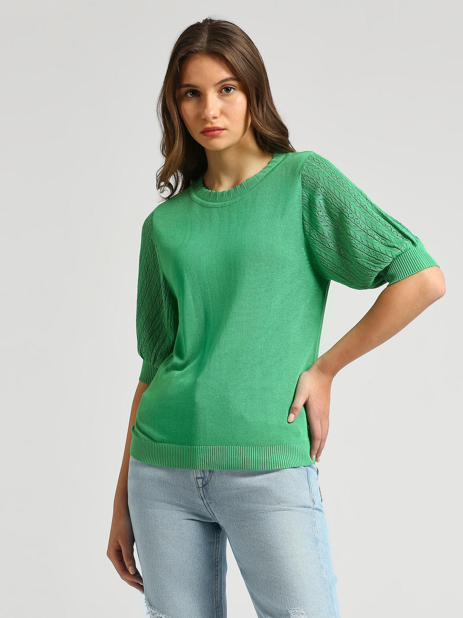 sharlie puff sleeve flat knit with scalloped rib top