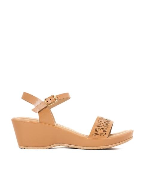 sharon by khadims women's tan ankle strap wedges