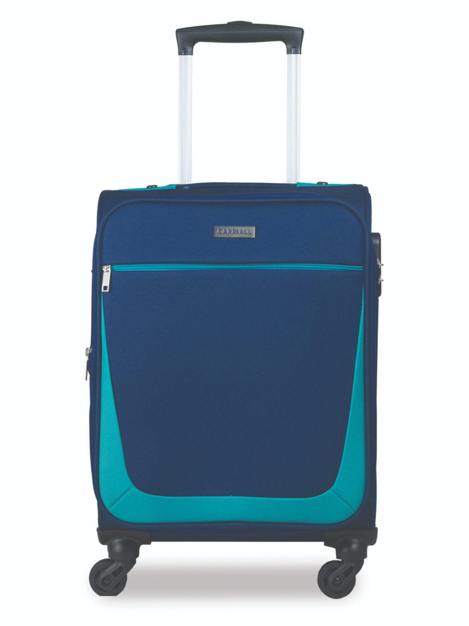 sharp navy blue and green cabin luggage bag