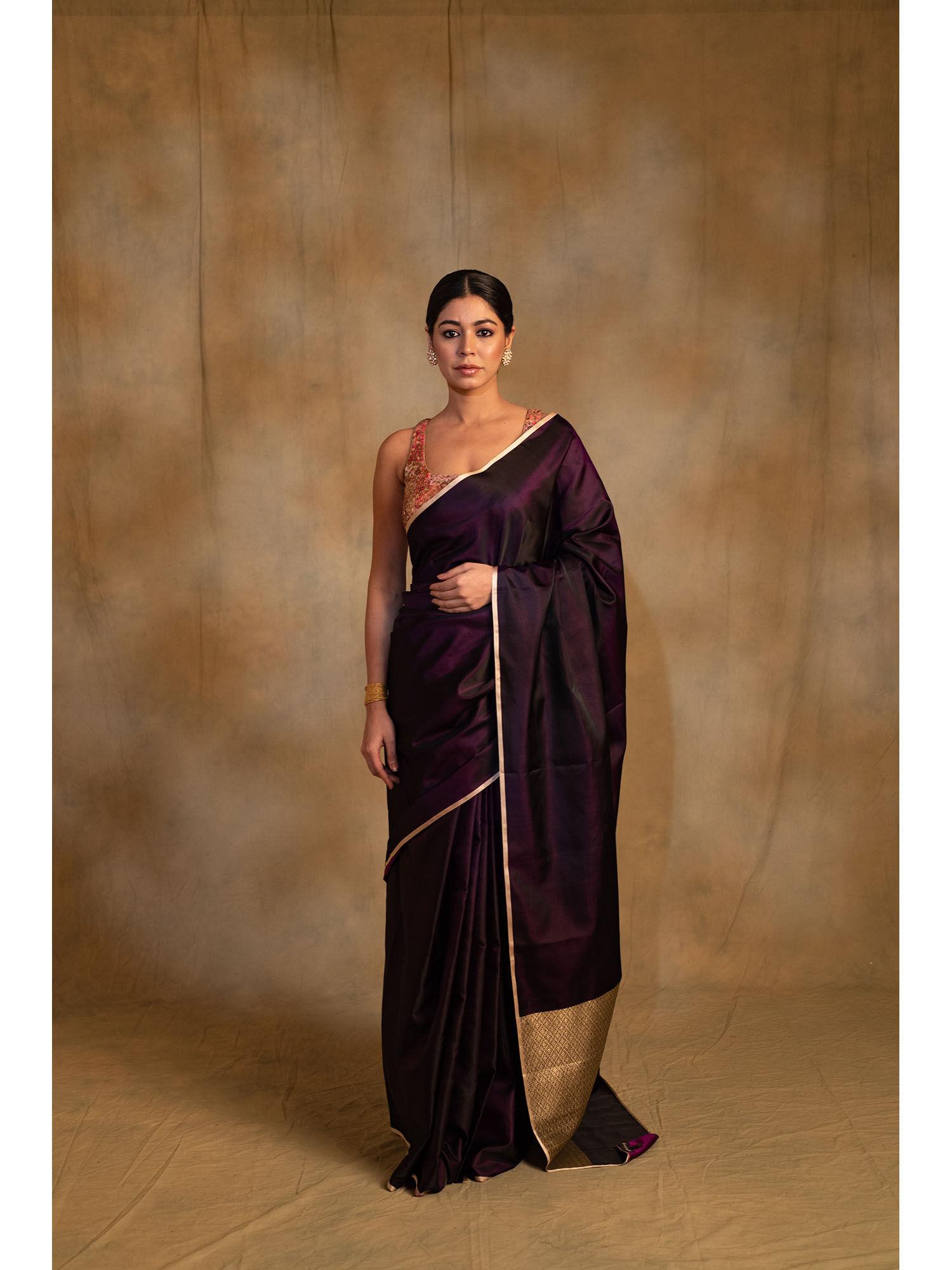 shashthi deep purple mashru silk saree with unstitched blouse