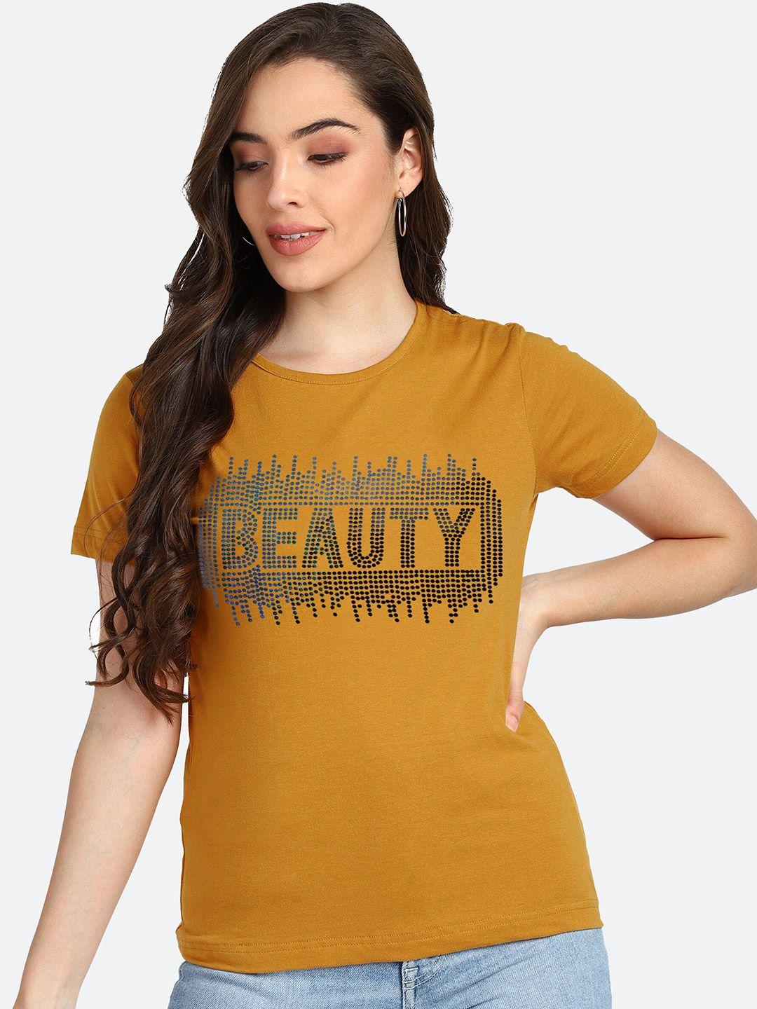 shashvi women mustard yellow typography printed t-shirt