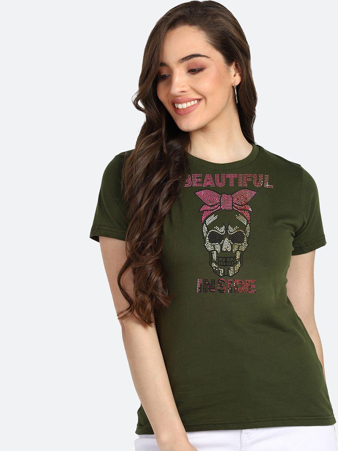 shashvi women olive green & pink typography printed t-shirt