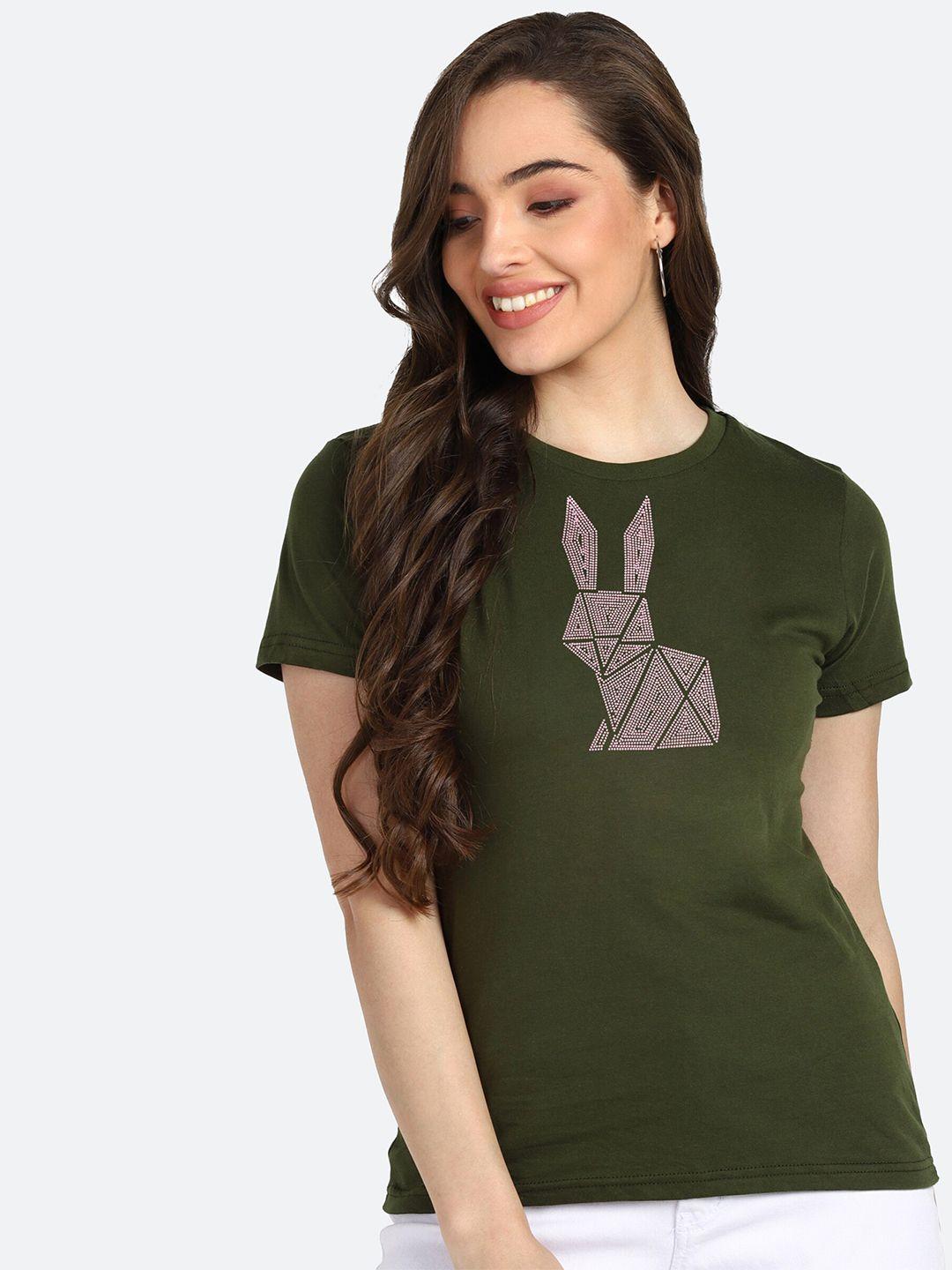 shashvi women olive green printed t-shirt