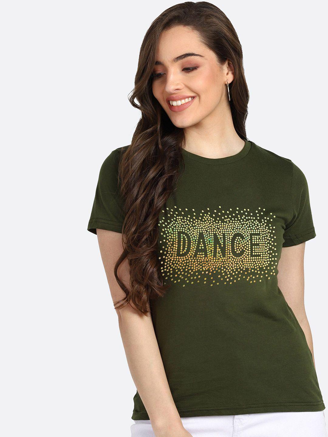 shashvi women olive green typography printed t-shirt