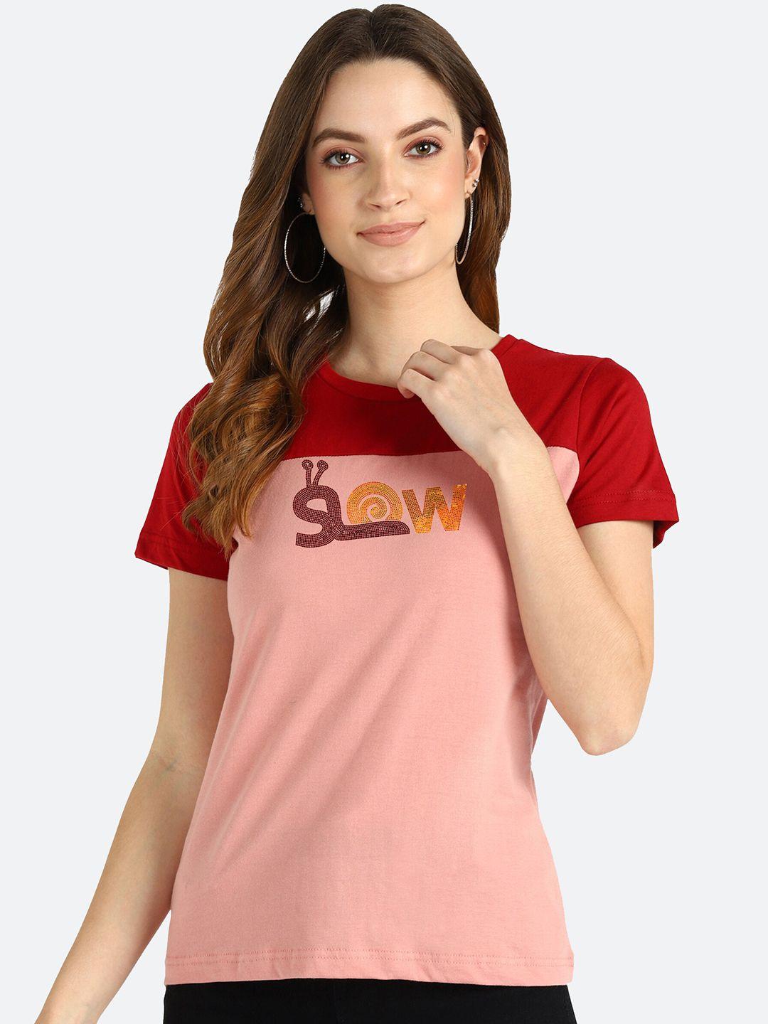 shashvi women peach-coloured printed t-shirt