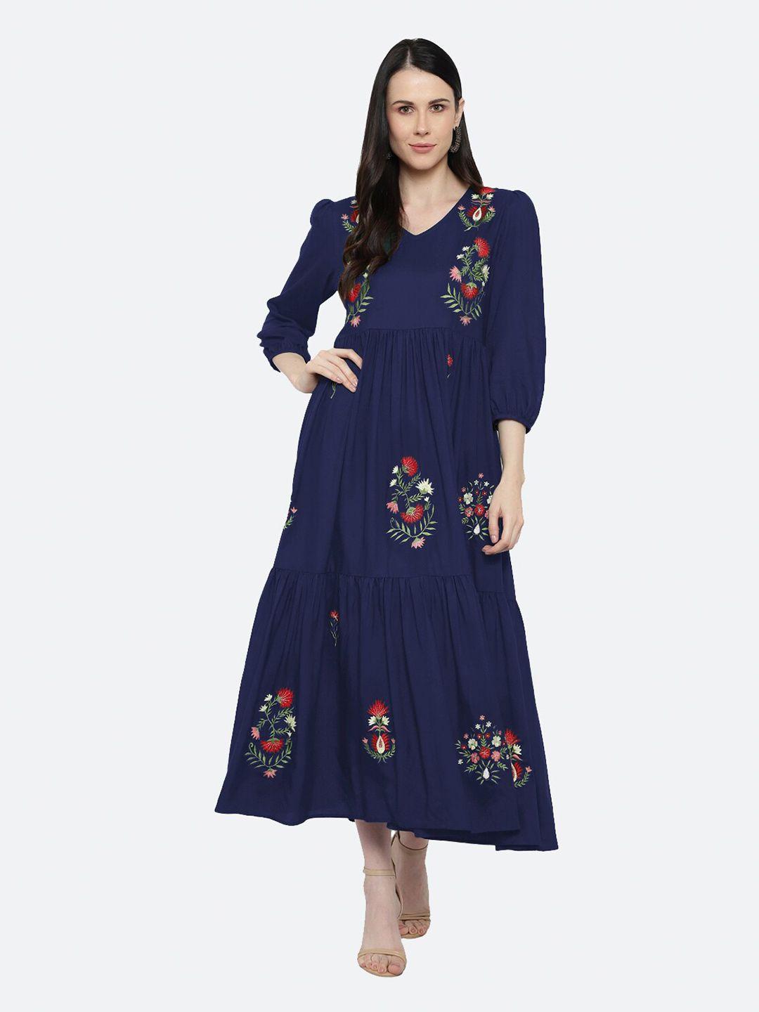 shashvi blue & blue floral embroidered ethnic maxi dress