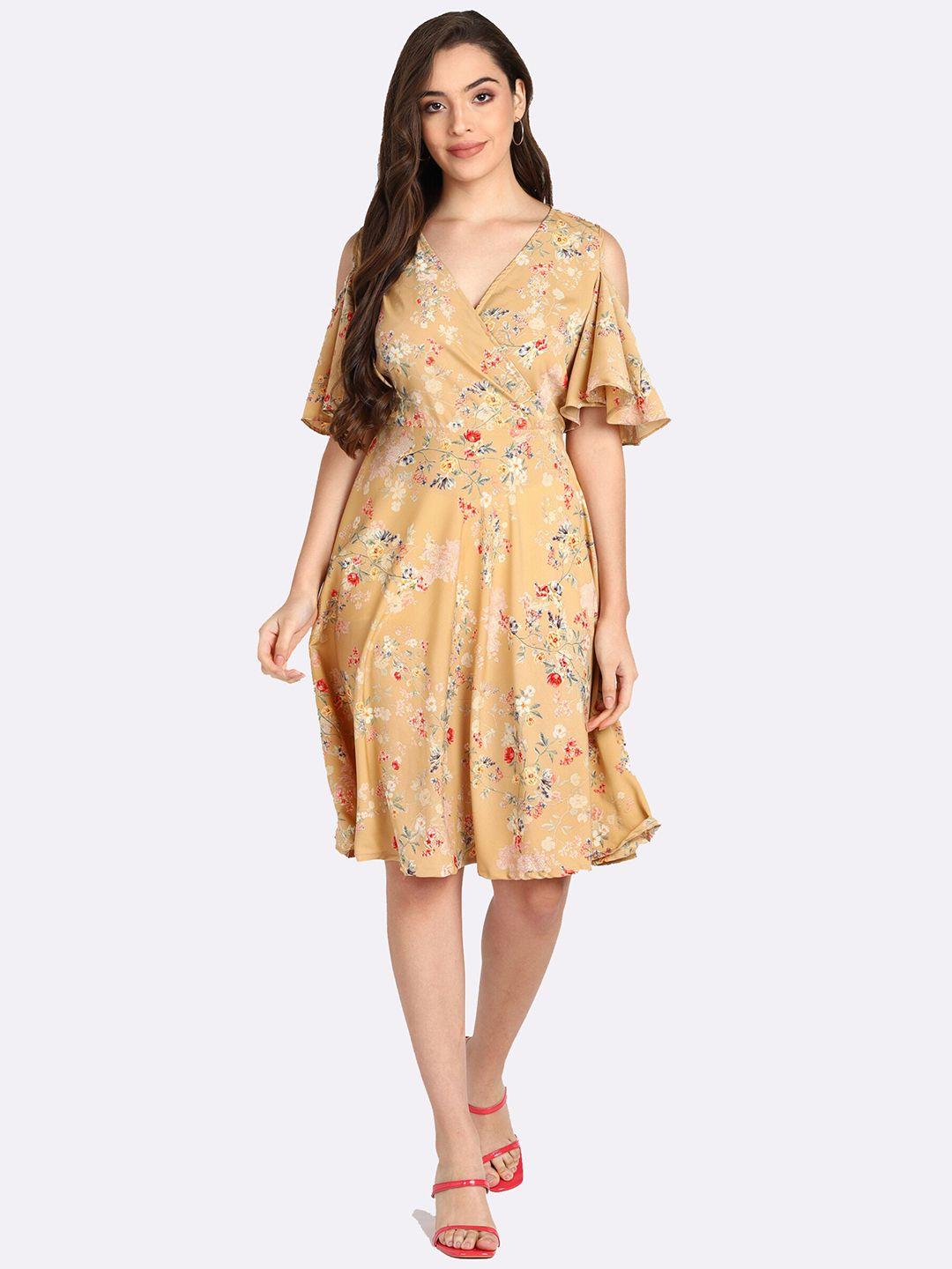 shashvi cream-coloured & caramel cream floral crepe dress