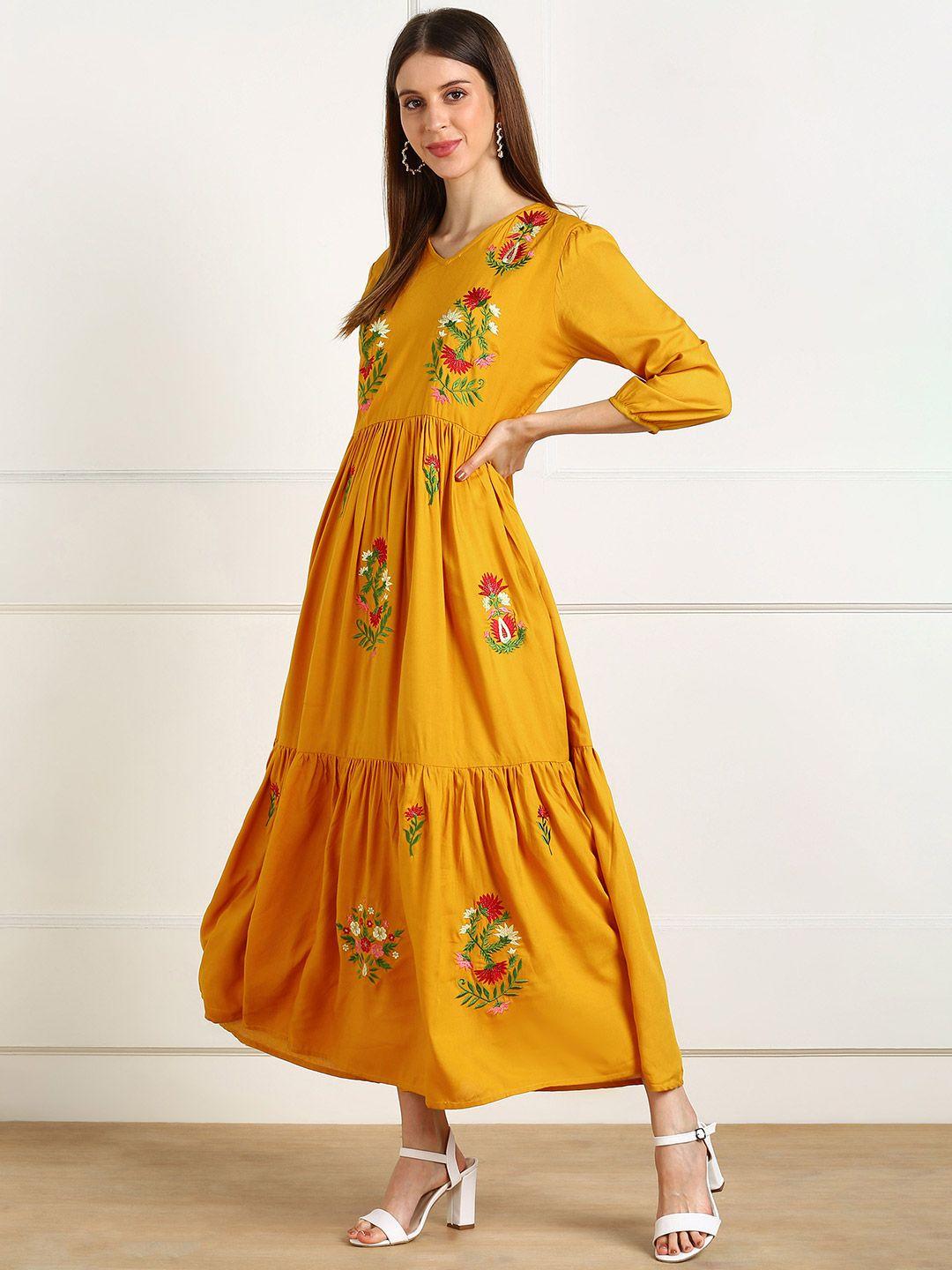 shashvi mustard yellow ethnic motifs embroidered maxi dress