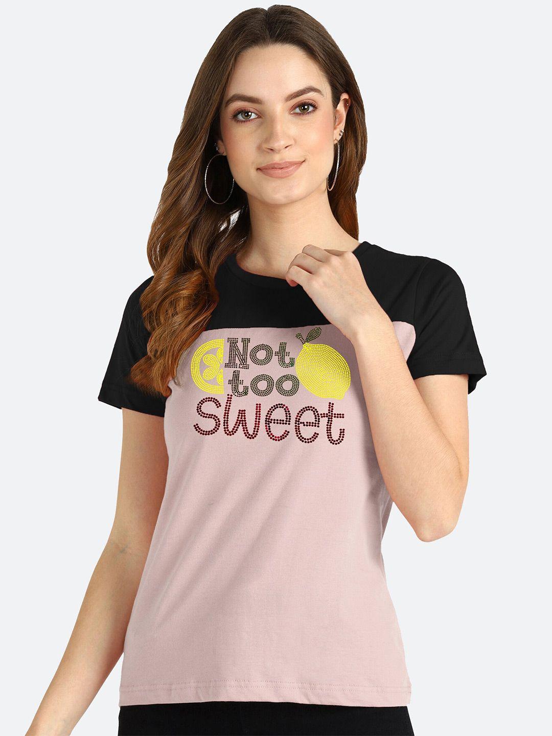 shashvi women beige & black typography printed t-shirt