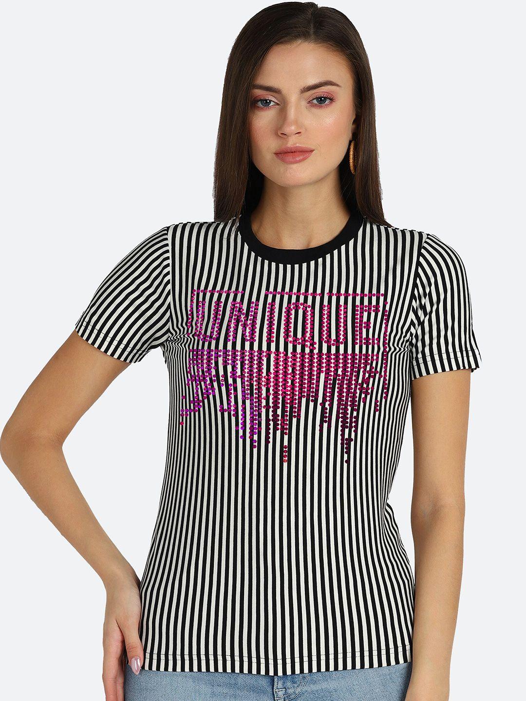 shashvi women black & white striped t-shirt