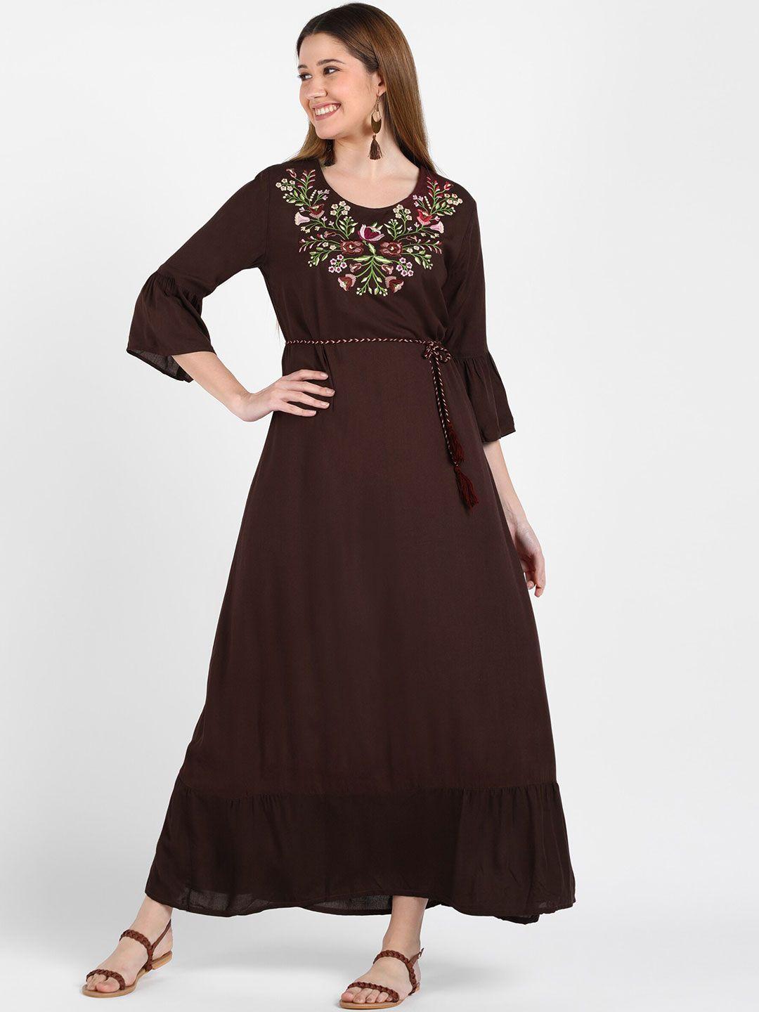 shashvi women brown floral embroidered ethnic maxi dress